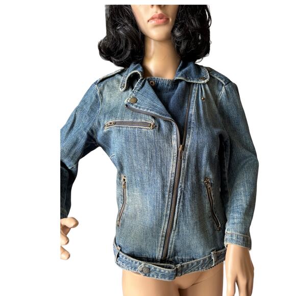 Vintage Y2K Current Elliott The Biker Jacket blue denim Motoside zipper size 6 - Picture 3 of 16